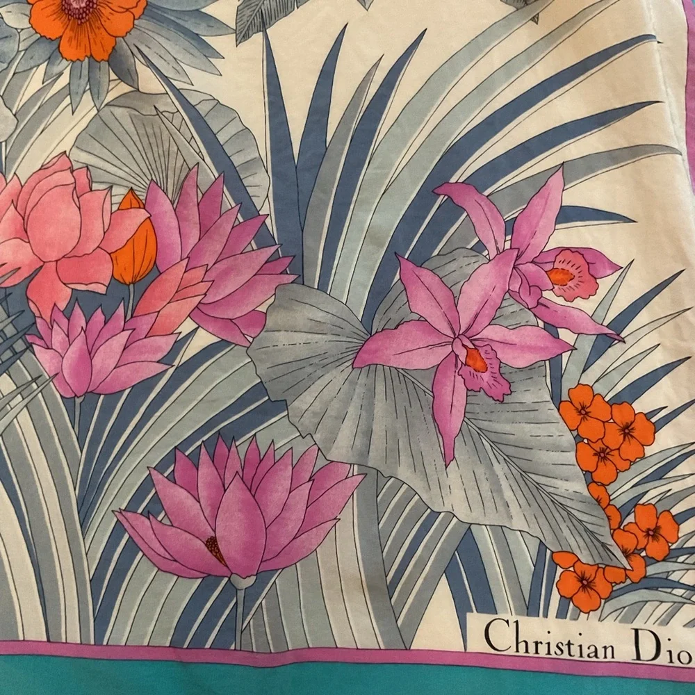 Christian Dior Vintage Silk Turquoise Floral Scarf